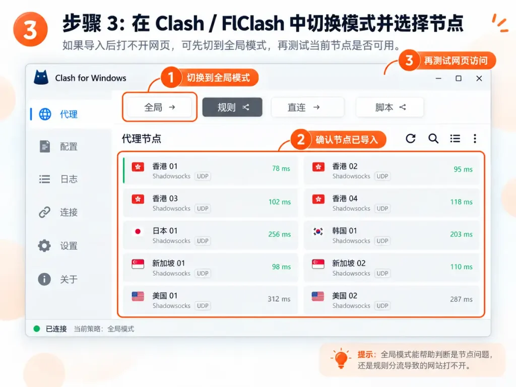 Clash和FlClash导入小火箭节点后切换全局模式并测试节点教程