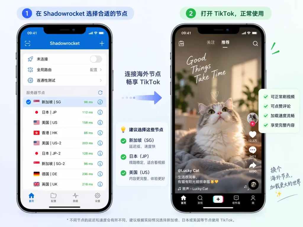 Shadowrocket小火箭选择新加坡、日本、美国等海外节点并打开TikTok测试,用于说明免费翻墙节点的实际可用性和稳定性