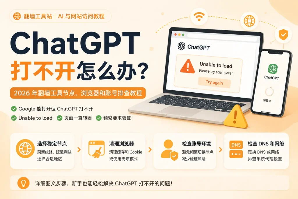 ChatGPT 打不开怎么办？2026 年翻墙工具节点、浏览器和账号排查教程
