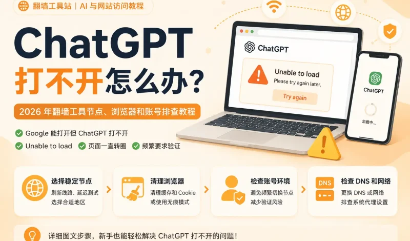 ChatGPT 打不开怎么办？2026 年翻墙工具节点、浏览器和账号排查教程