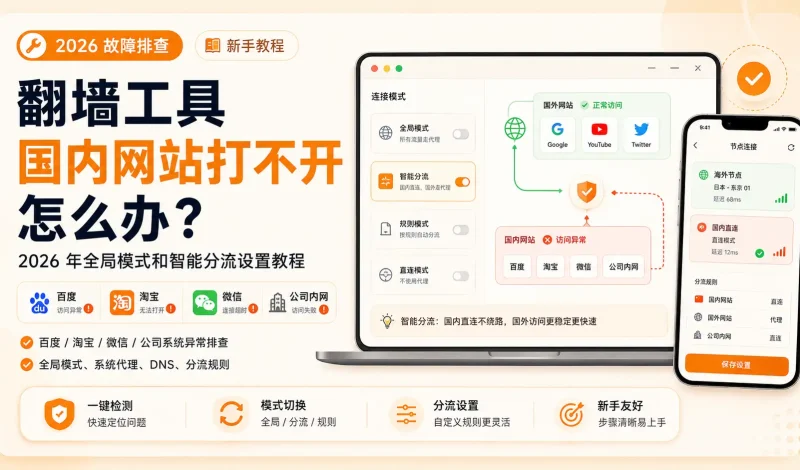 翻墙工具国内网站打不开怎么办？2026 年全局模式和智能分流设置教程