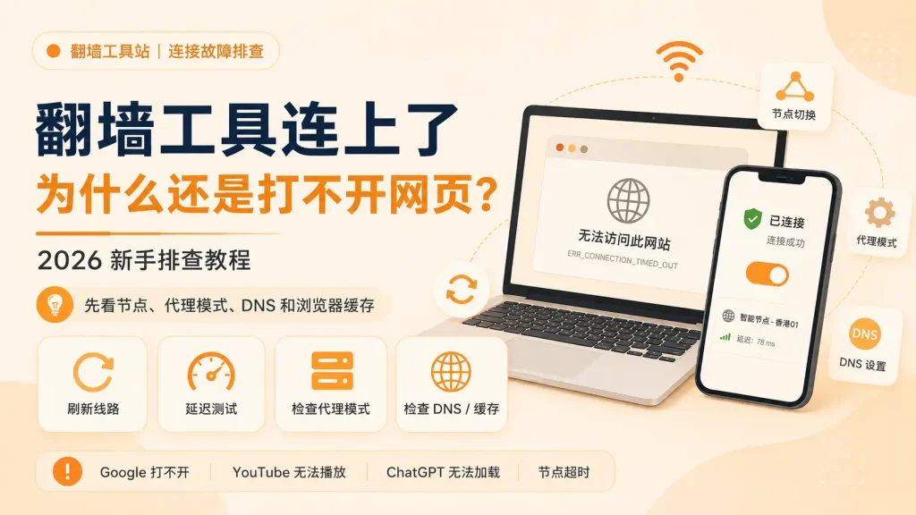 翻墙工具连接成功但打不开网页怎么办？2026 年新手排查教程