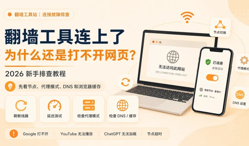 翻墙工具连接成功但打不开网页怎么办？2026 年新手排查教程