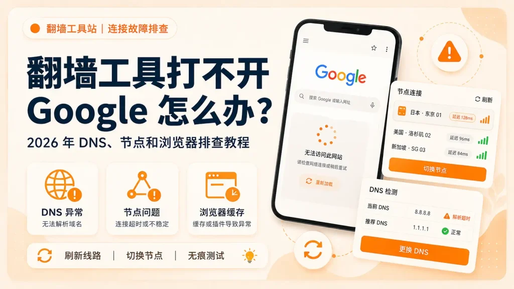 翻墙工具打不开 Google 怎么办？2026 年 DNS、节点和浏览器排查教程