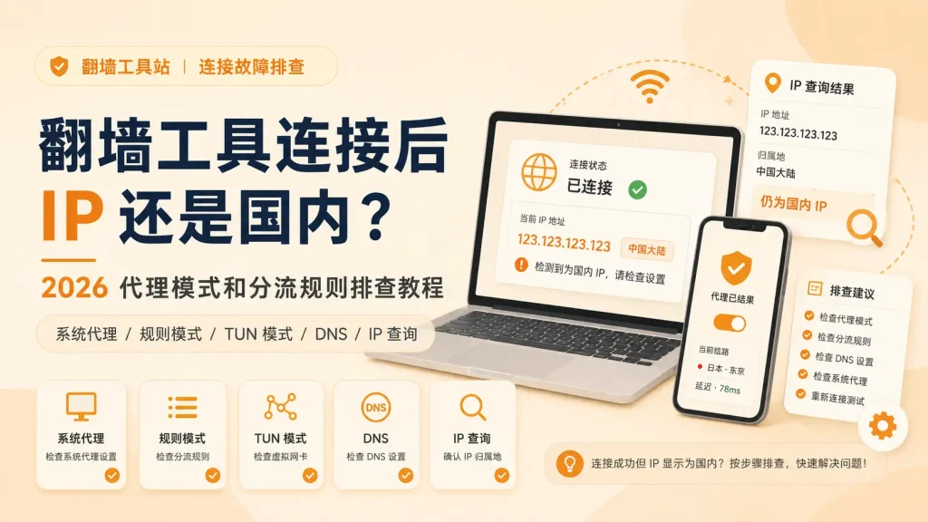 翻墙工具 IP 还是国内怎么办？2026 年代理模式和分流规则排查教程