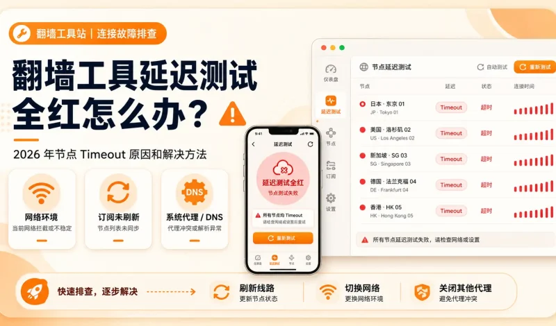 翻墙工具延迟测试全红怎么办？2026 年节点 Timeout 原因和解决方法