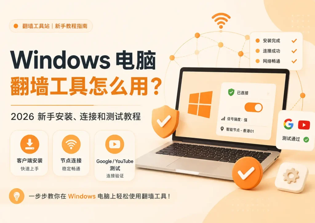 Windows 电脑翻墙工具怎么用？2026 年新手安装、连接和测试教程