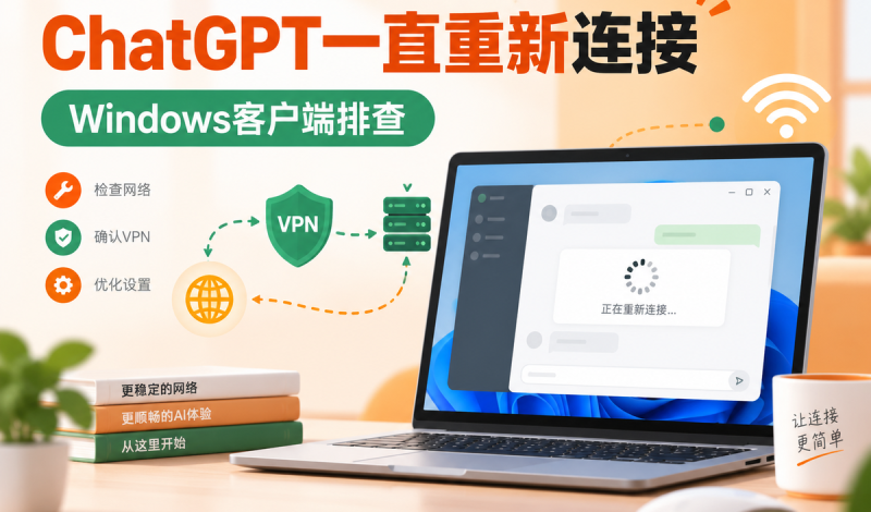 翻墙后ChatGPT一直重新连接怎么办？2026 VPN节点、代理设置与Windows客户端完整解决方法