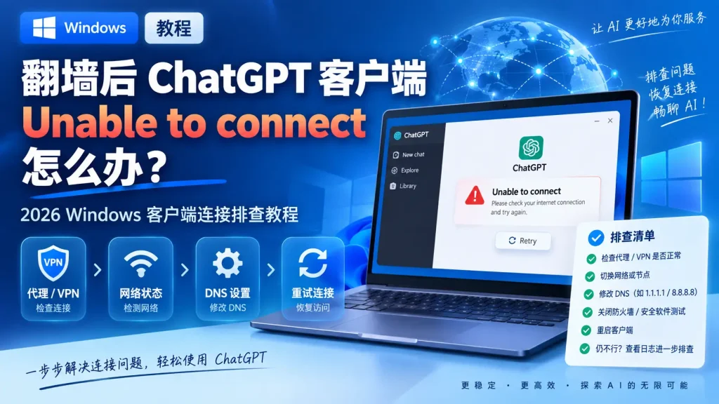翻墙后ChatGPT客户端Unable to connect怎么办？2026 Windows代理、节点和TUN解决方法