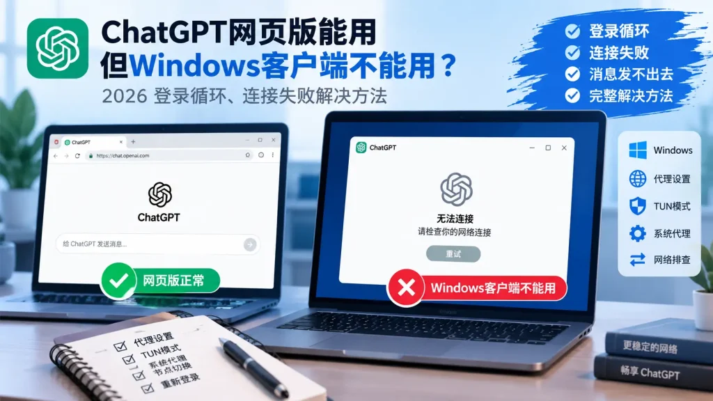 翻墙后ChatGPT网页版能用但Windows客户端不能用怎么办？2026 登录循环、连接失败解决方法