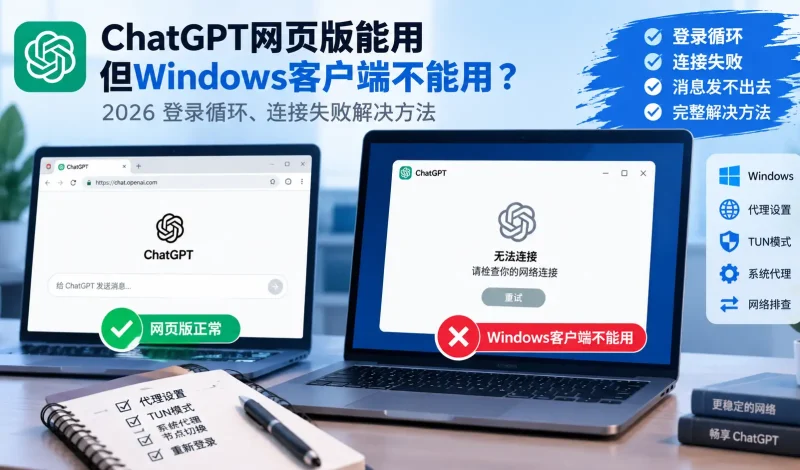 翻墙后ChatGPT网页版能用但Windows客户端不能用怎么办？2026 登录循环、连接失败解决方法