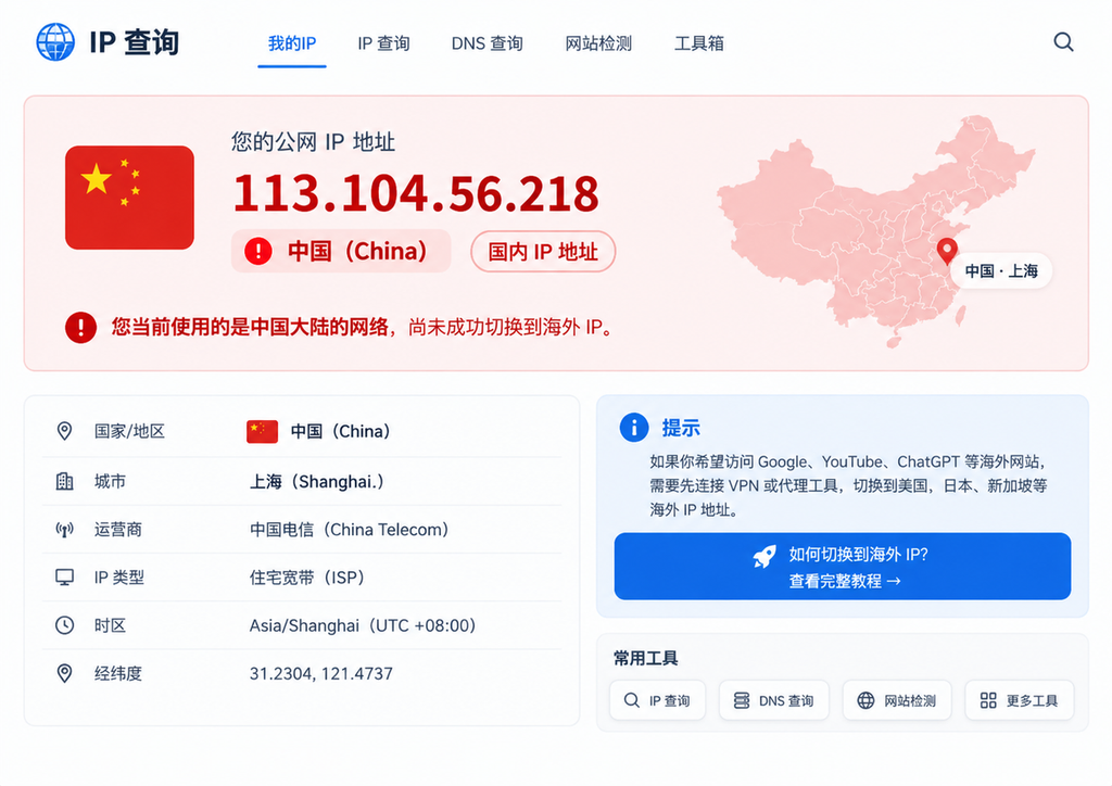 IP查询显示中国上海国内IP地址及运营商信息的检测结果页面