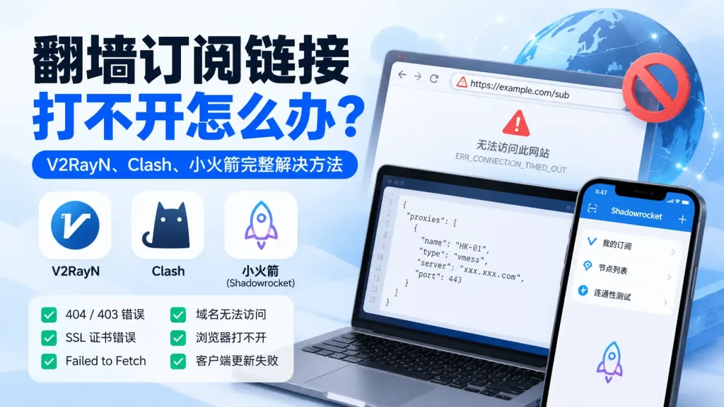 翻墙订阅链接打不开怎么办？2026 V2RayN、Clash、小火箭完整解决方法