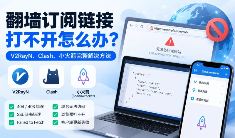 翻墙订阅链接打不开怎么办？2026 V2RayN、Clash、小火箭完整解决方法