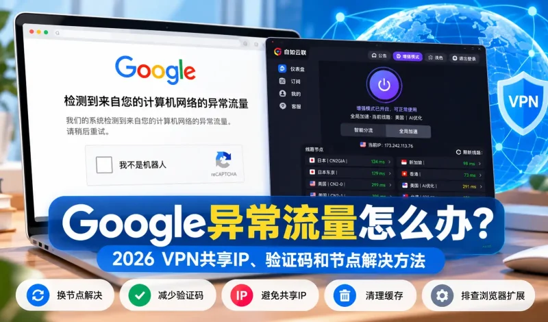 翻墙后Google异常流量怎么办？2026 VPN共享IP、验证码和节点解决方法