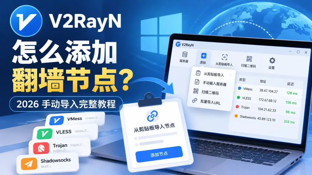 V2RayN怎么添加翻墙节点？2026 VMess、VLESS、Trojan手动导入完整教程