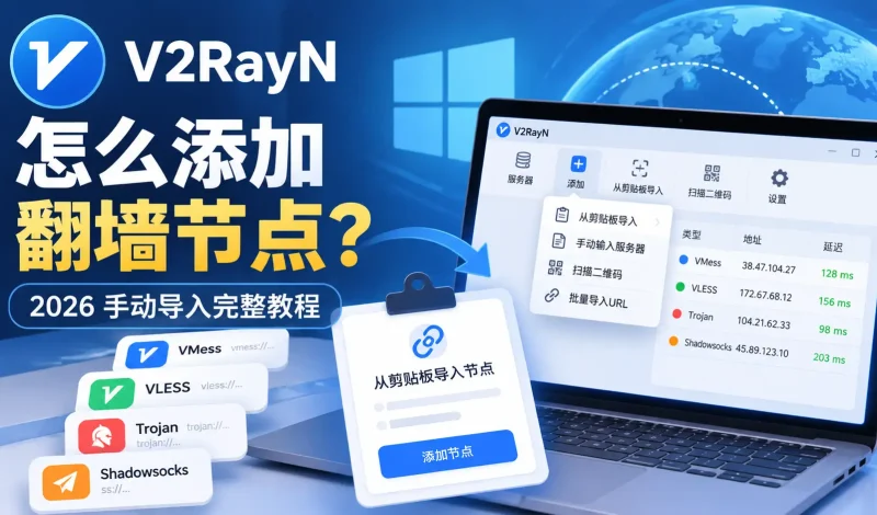 V2RayN怎么添加翻墙节点？2026 VMess、VLESS、Trojan手动导入完整教程
