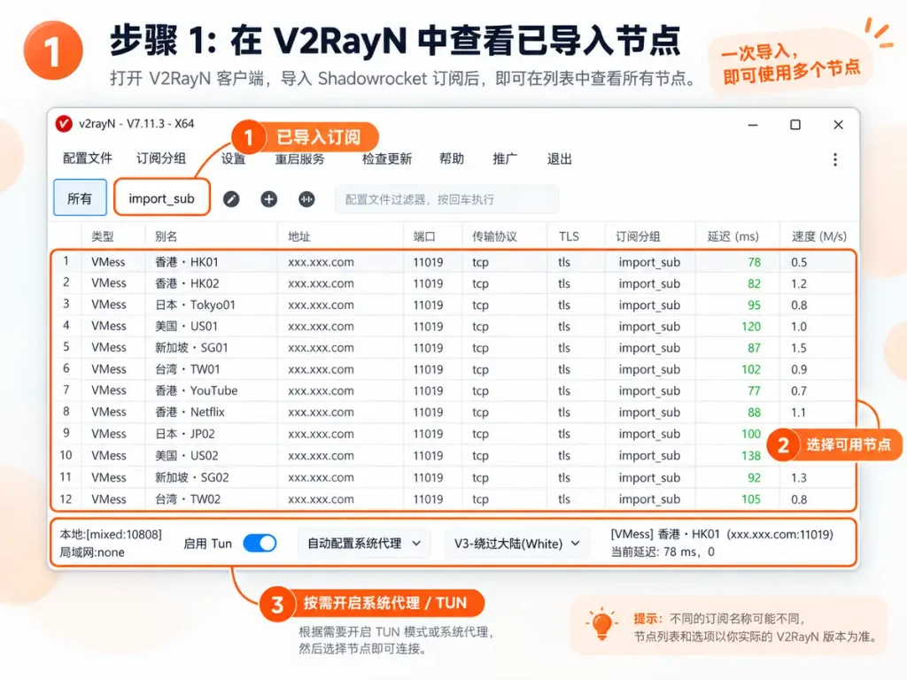 小火箭节点导入V2RayN后查看节点、延迟和系统代理设置教程