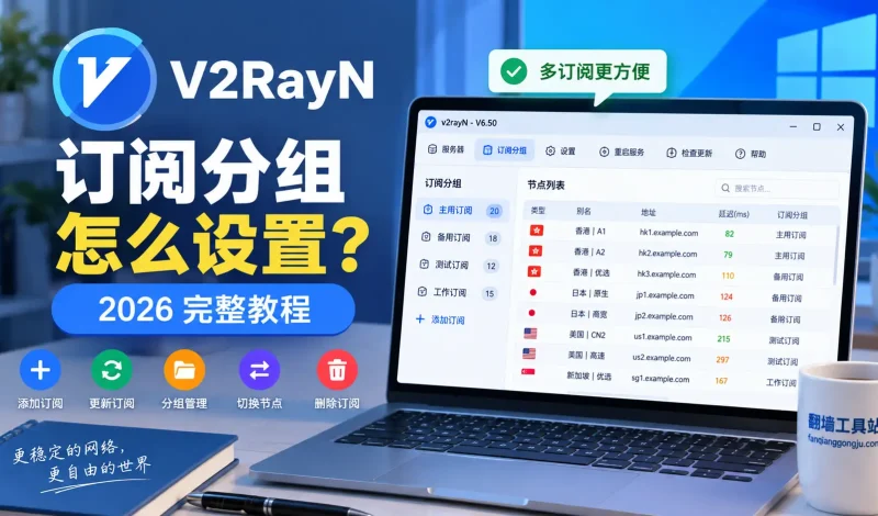 V2RayN订阅分组怎么设置？2026 翻墙订阅添加、更新、切换与删除教程