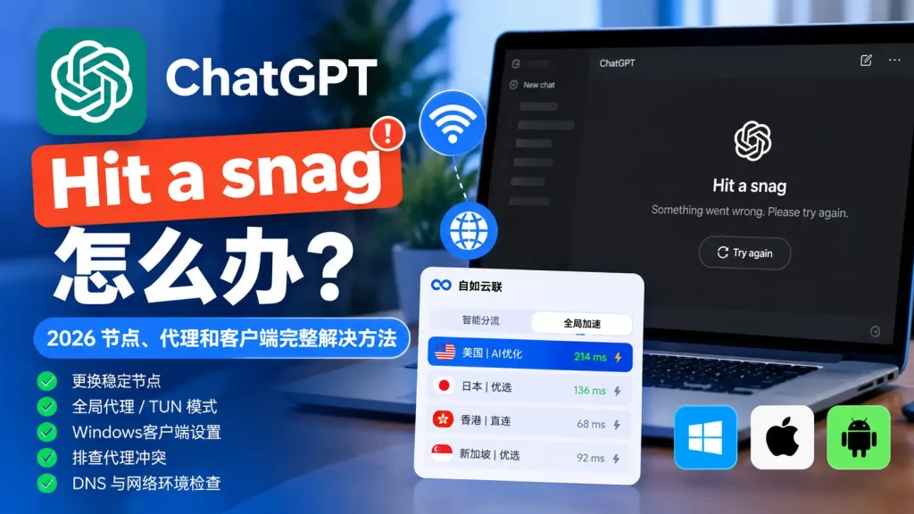 翻墙后ChatGPT Hit a snag怎么办？2026 节点、代理和客户端完整解决方法