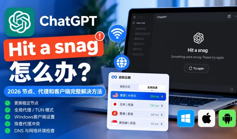 翻墙后ChatGPT Hit a snag怎么办？2026 节点、代理和客户端完整解决方法
