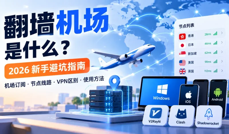 翻墙机场是什么？2026 机场订阅、节点、VPN区别与新手避坑指南