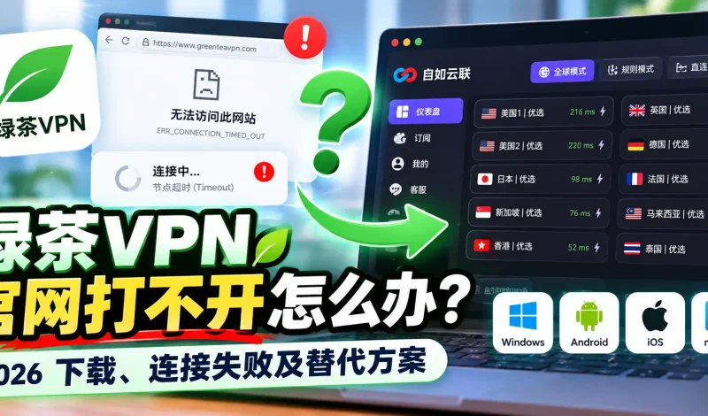 绿茶VPN官网打不开怎么办？2026 下载、连接失败及替代方案