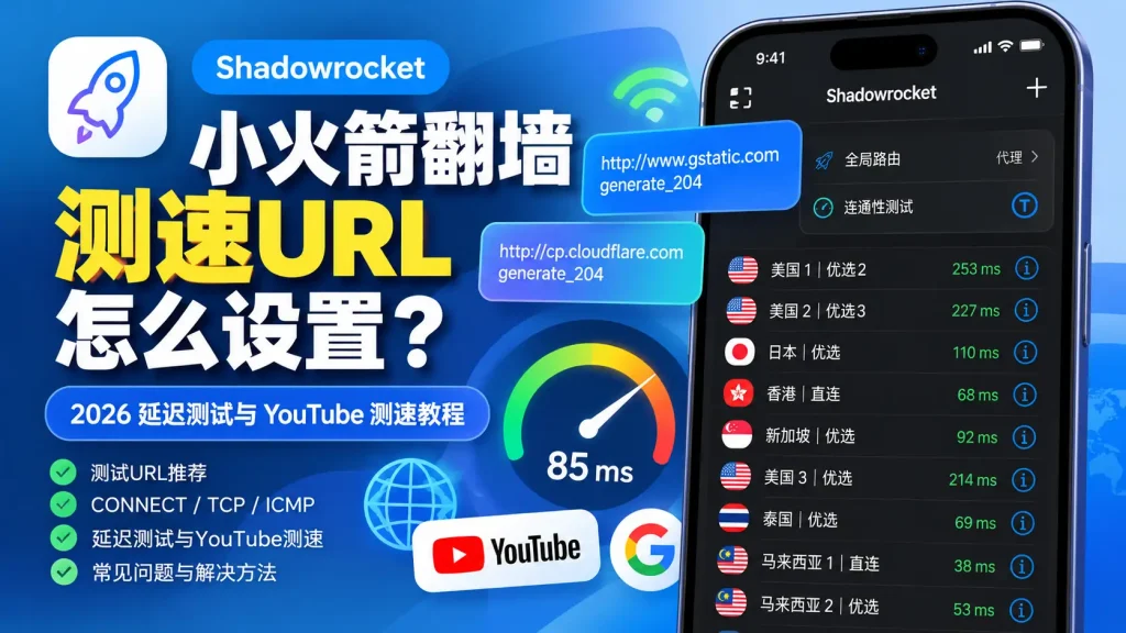 小火箭翻墙测速URL怎么设置？2026 Shadowrocket测试URL、延迟测试与YouTube测速教程