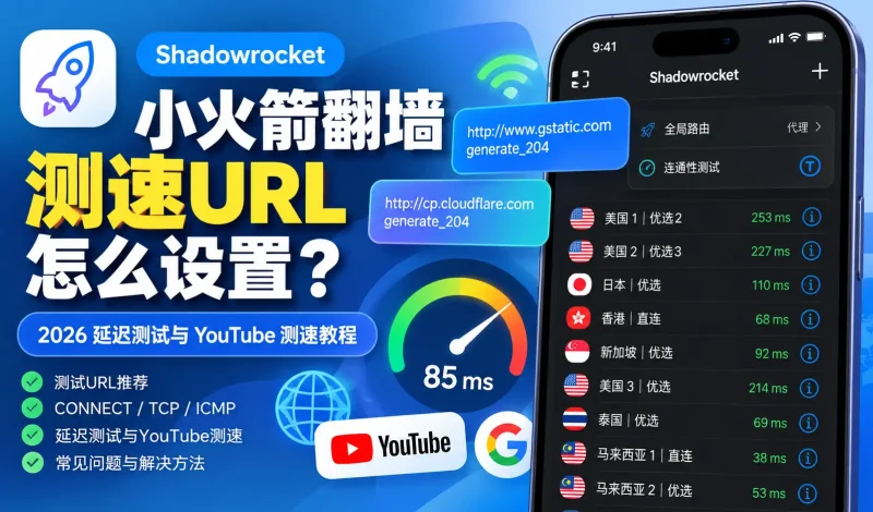 小火箭翻墙测速URL怎么设置？2026 Shadowrocket测试URL、延迟测试与YouTube测速教程